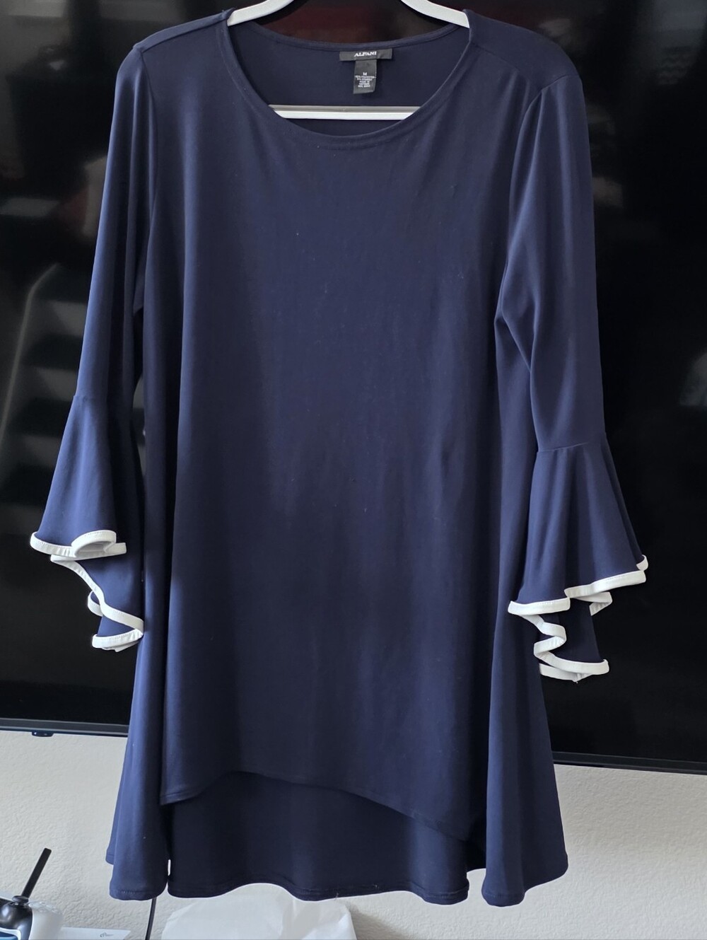 Alfani Navy Tunic with White Trimmed Bell Sleeves